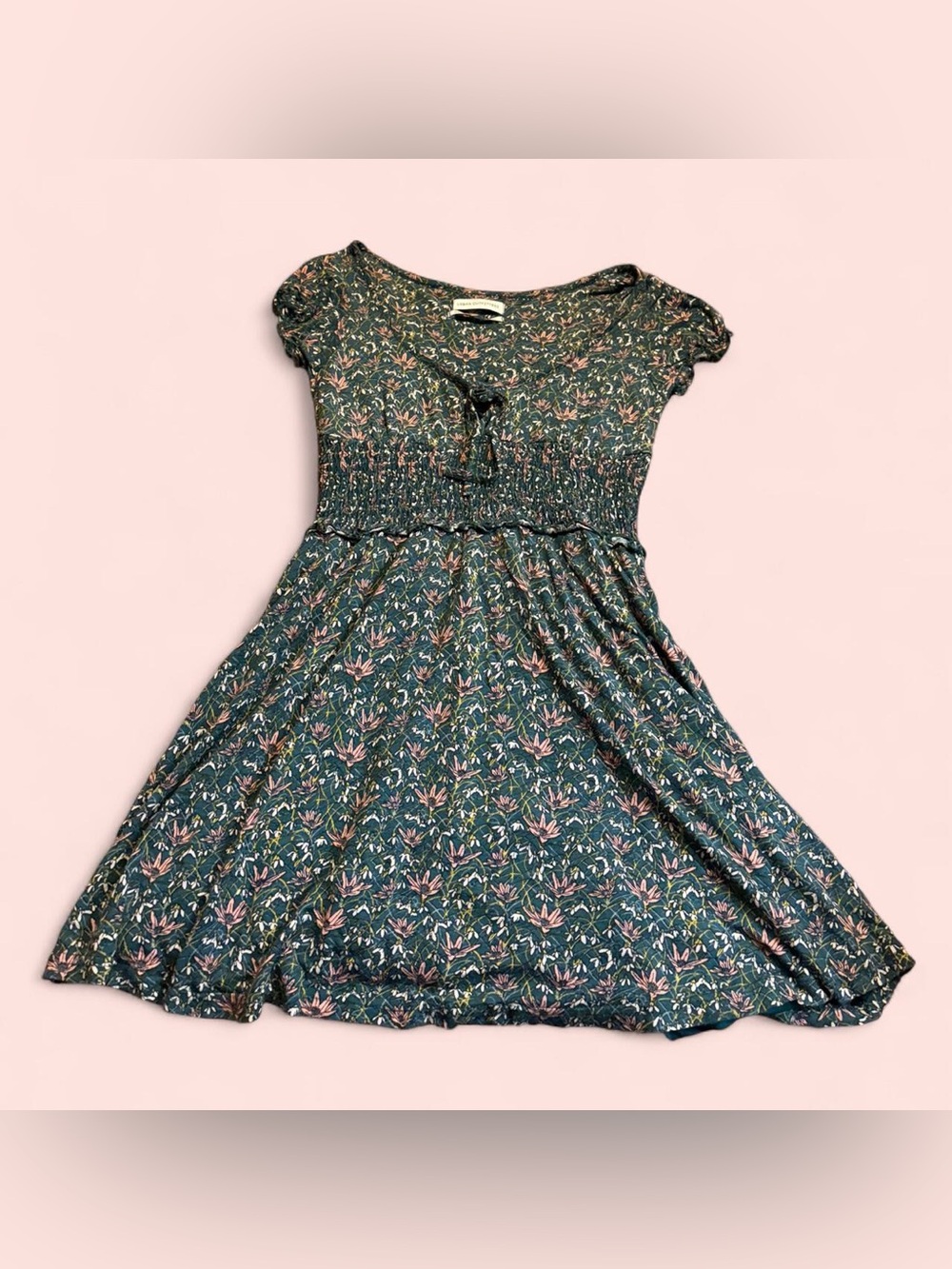 Urban Outfitters Teal Floral Short-Sleeve Smocked Mini Dress